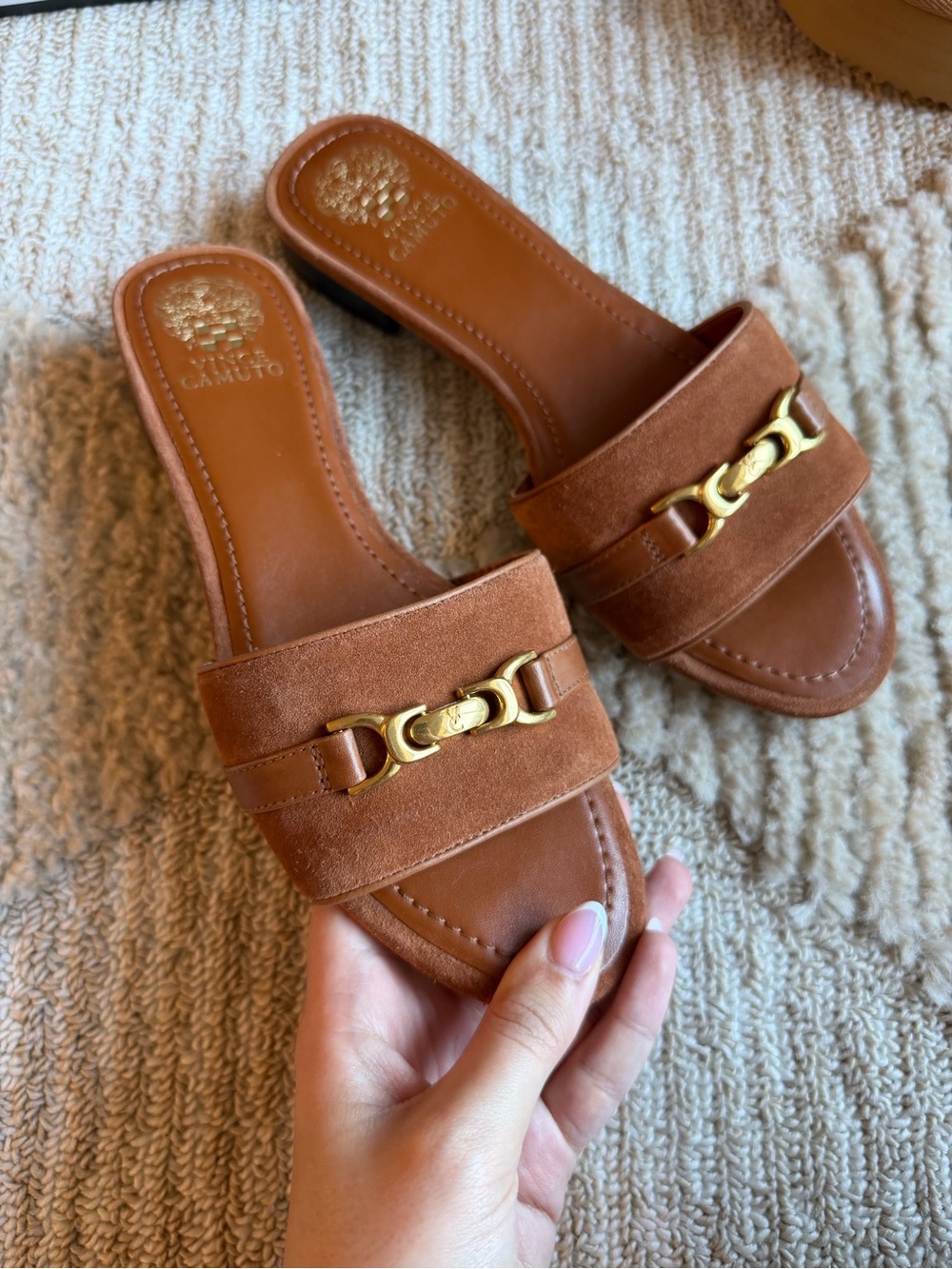 Vince Camuto Tan Suede Slide Mules with Gold Chain Accent - Picture 1 of 3
